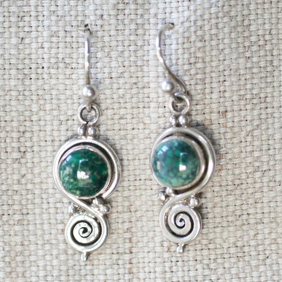Silver and Green Stone Dangle Earring - Picture 1 of 4
